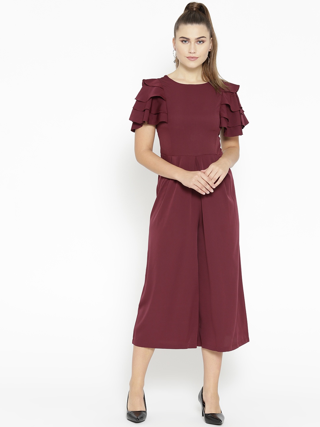 

Uptownie Lite Women Maroon Solid Ruffled Sleeves Relaxed Fit Midi Culotte Jumpsuit