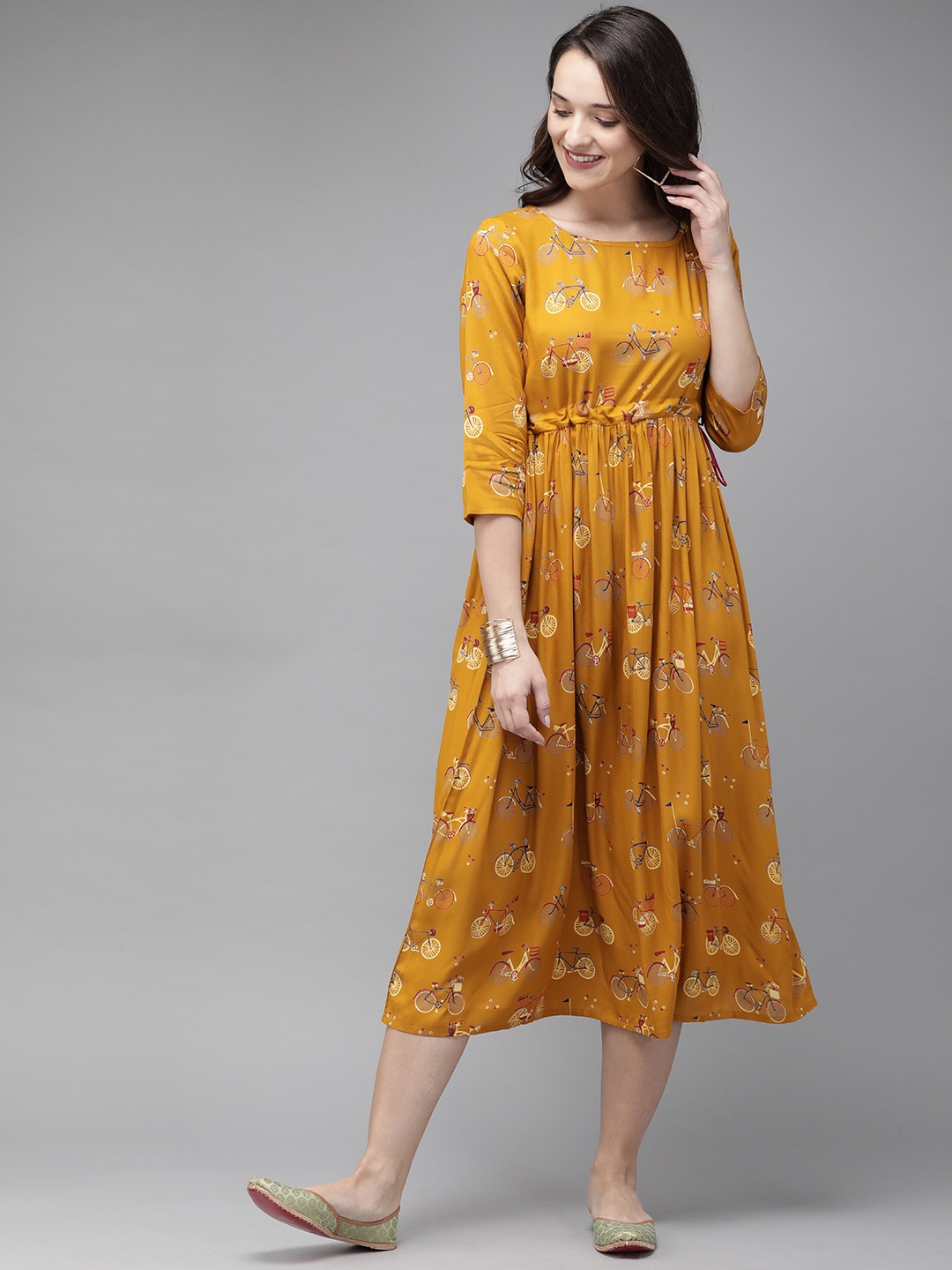 

Anouk Women Mustard Yellow Printed A-Line Kurta