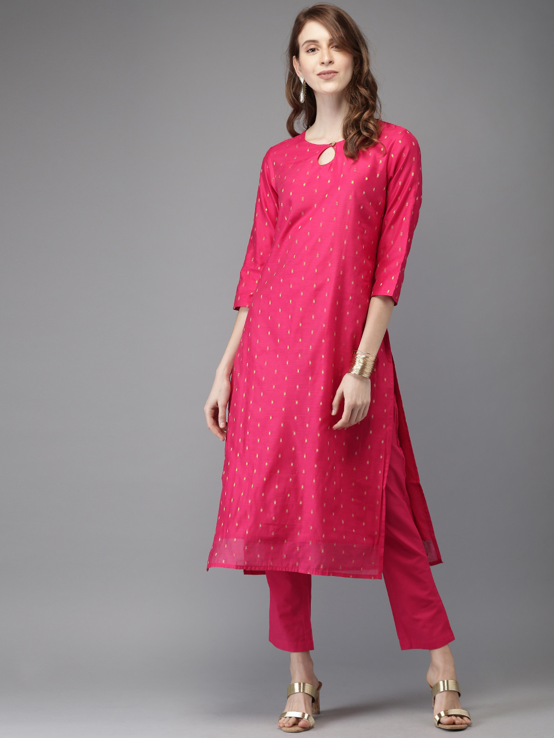 

Anouk Women Pink & Gold-Toned Self Design Kurta with Trousers