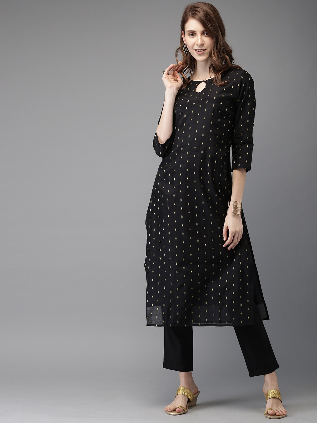 

Anouk Women Black & Gold-Toned Self Design Kurta with Trousers