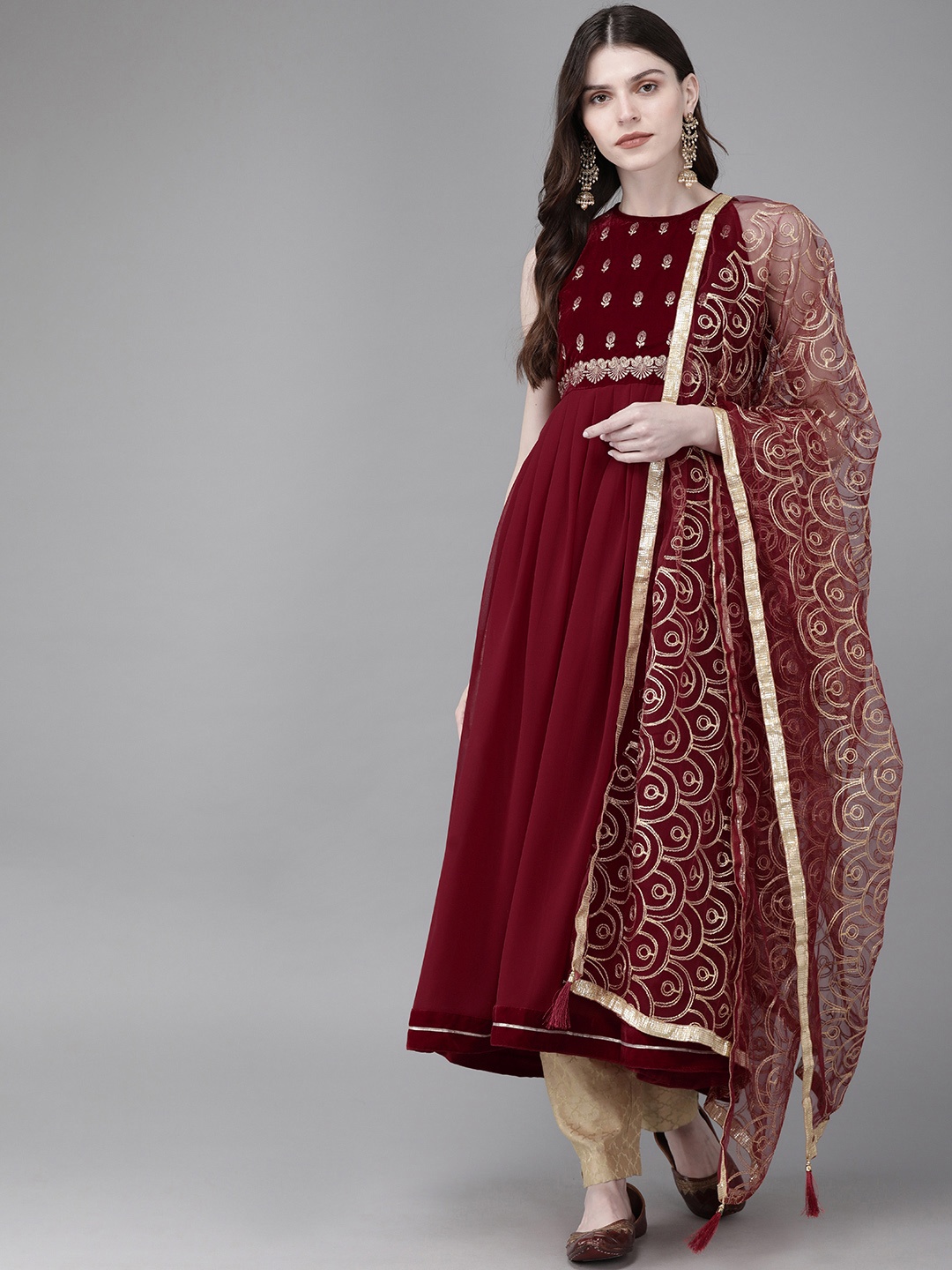 

Anouk Women Maroon Embroidered Yoke Design Kurta with Dupatta