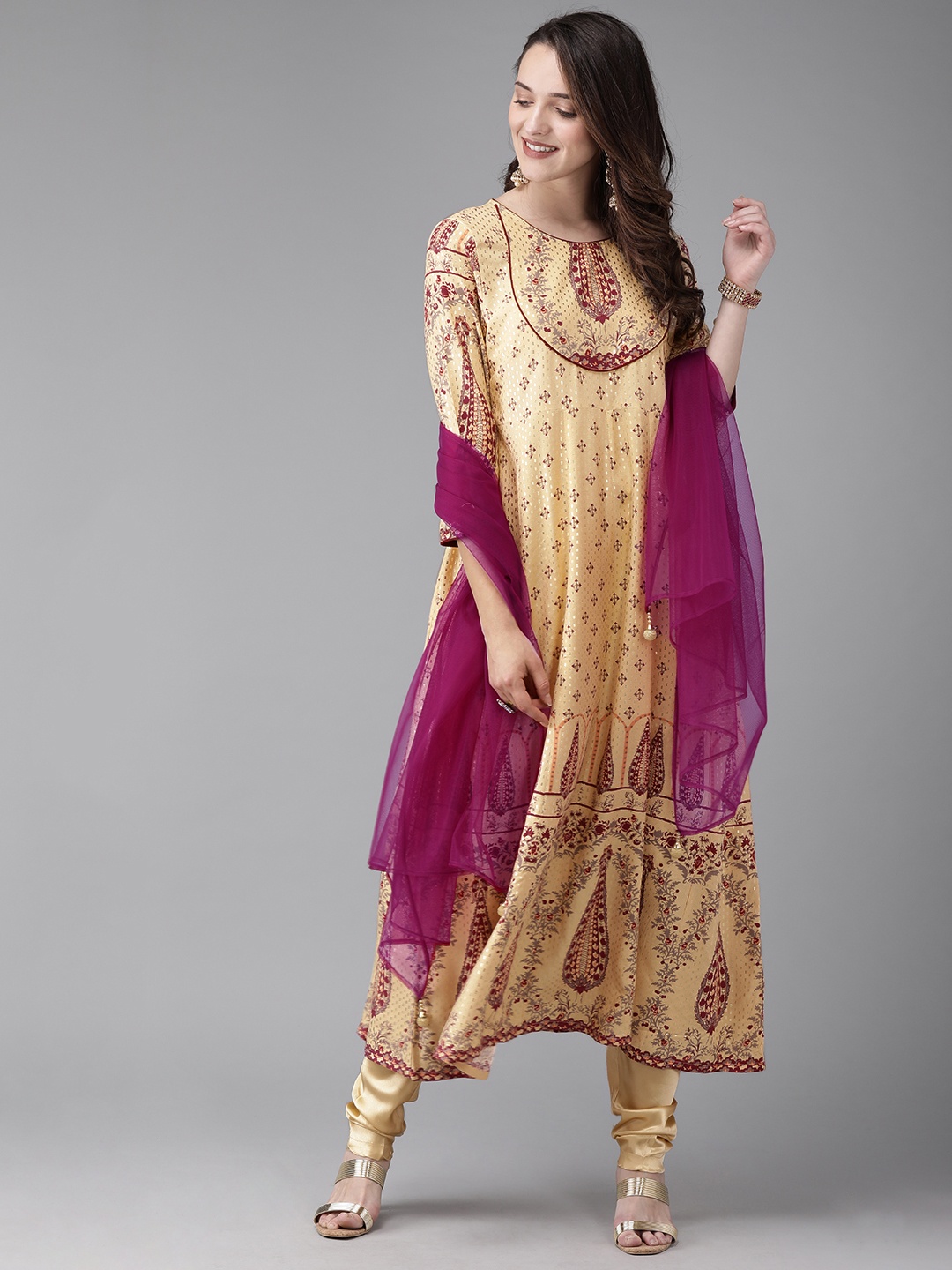 

Anouk Women Beige & Purple Printed Kurta with Churidar & Dupatta