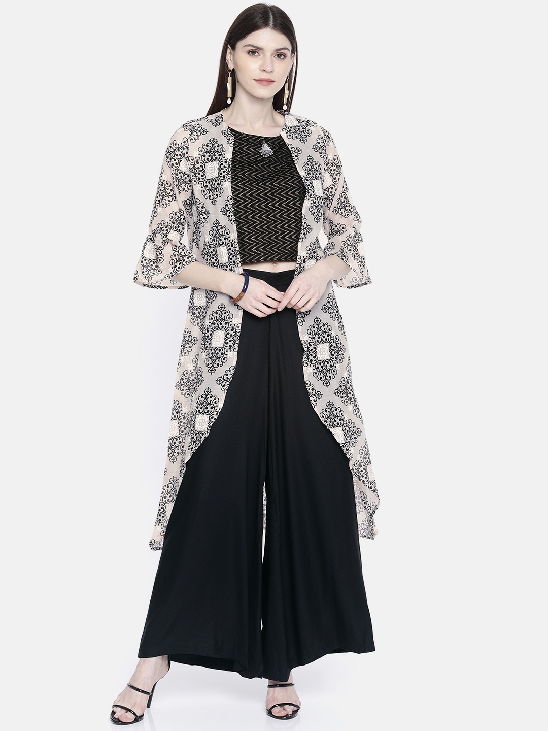 

Anouk Women Black & Beige Printed Top with Palazzos & Ethnic Jacket
