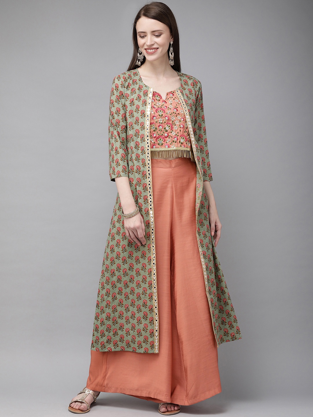 

Anouk Women Peach-Coloured & Green Embroidered Top with Palazzos and Jacket