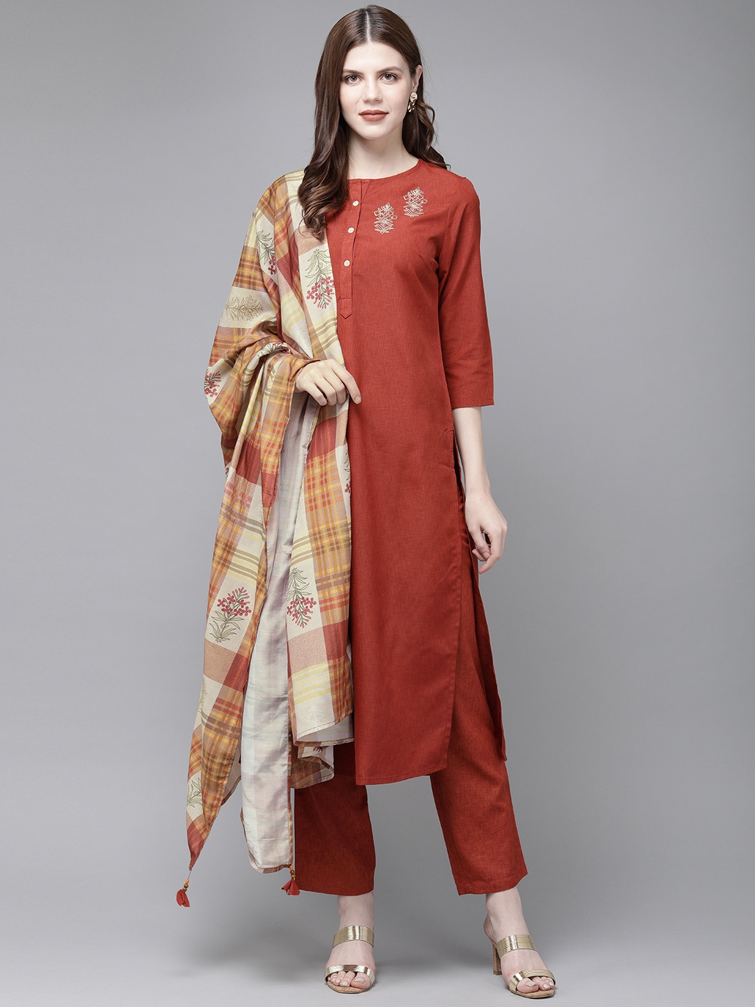 

Anouk Women Rust Red Solid Kurta with Trousers & Dupatta