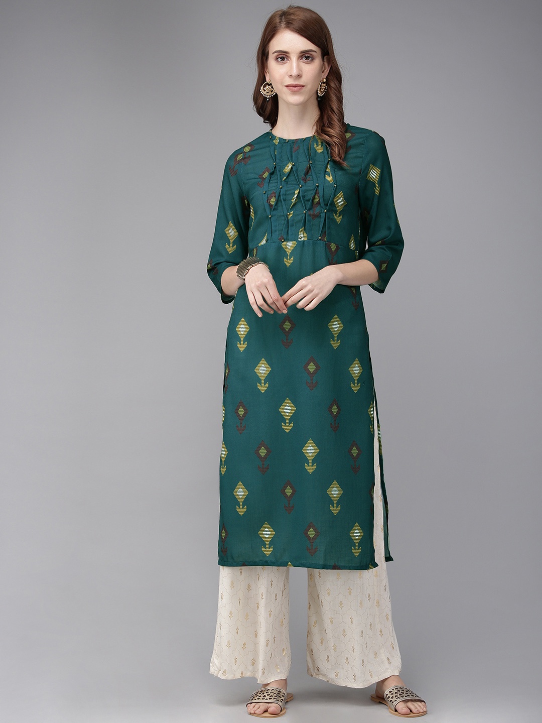 

Anouk Women Teal Green & Mustard Yellow Printed Straight Kurta