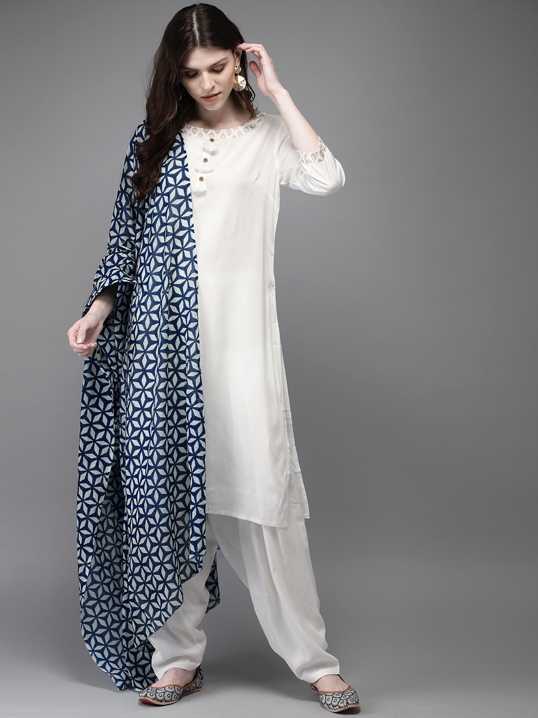 

Anouk Women White & Blue Solid Kurta with Salwar & Dupatta