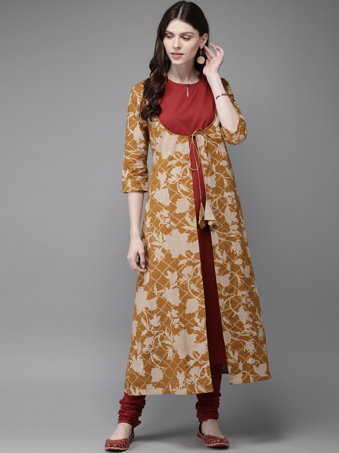 

Anouk Women Brown & Red Printed Layered Kurta with Churidar