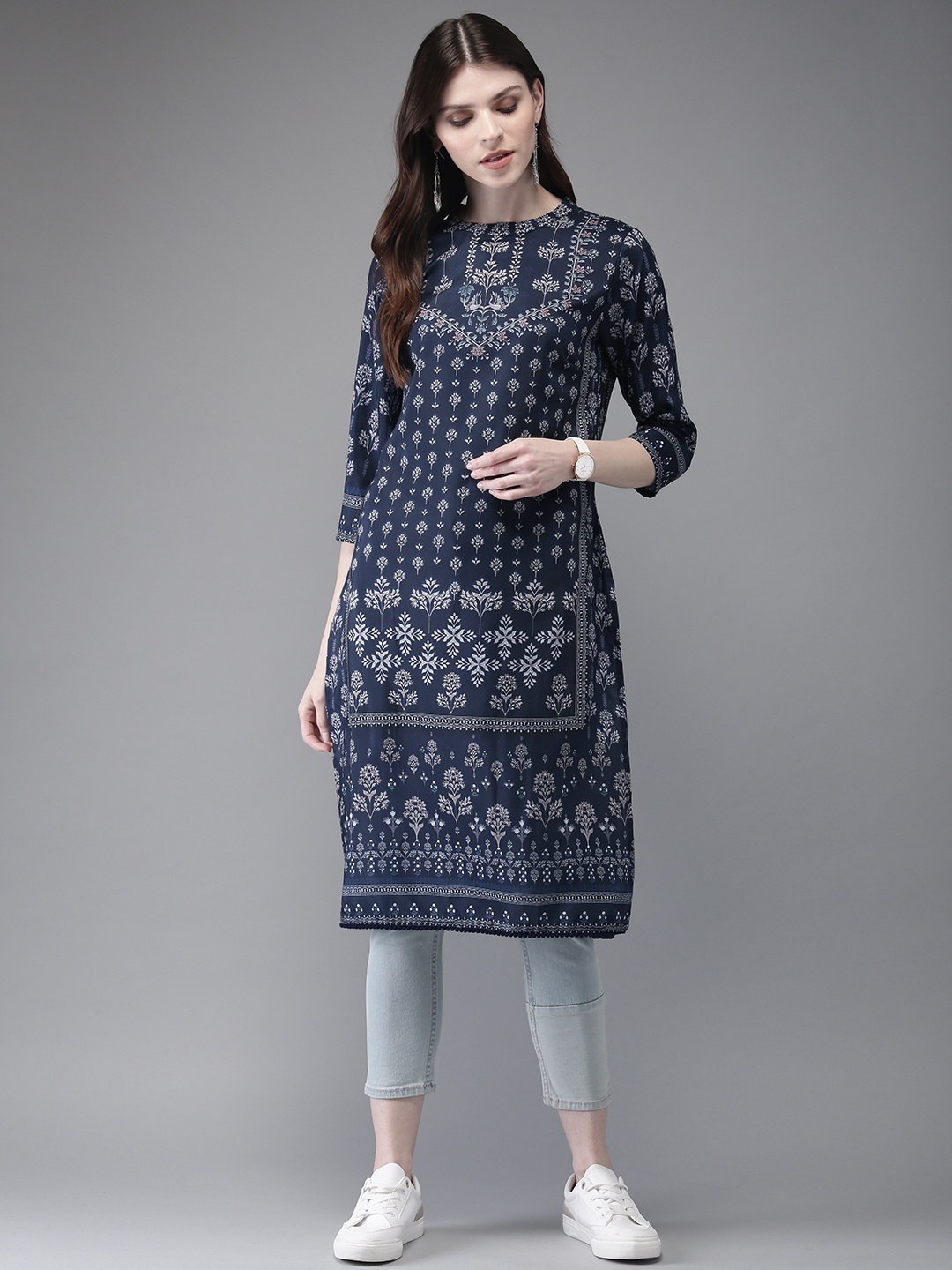 

Anouk Women Navy Blue & White Printed Straight Kurta