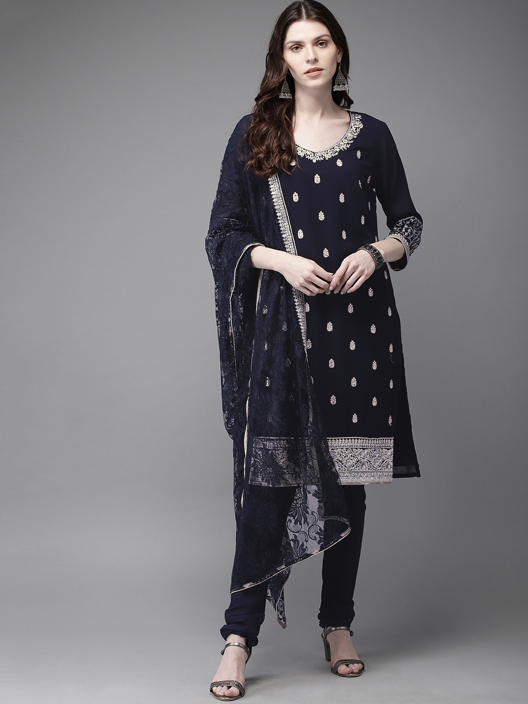 

Anouk Women Navy Blue & Silver-Toned Embroidered Kurta with Churidar & Dupatta