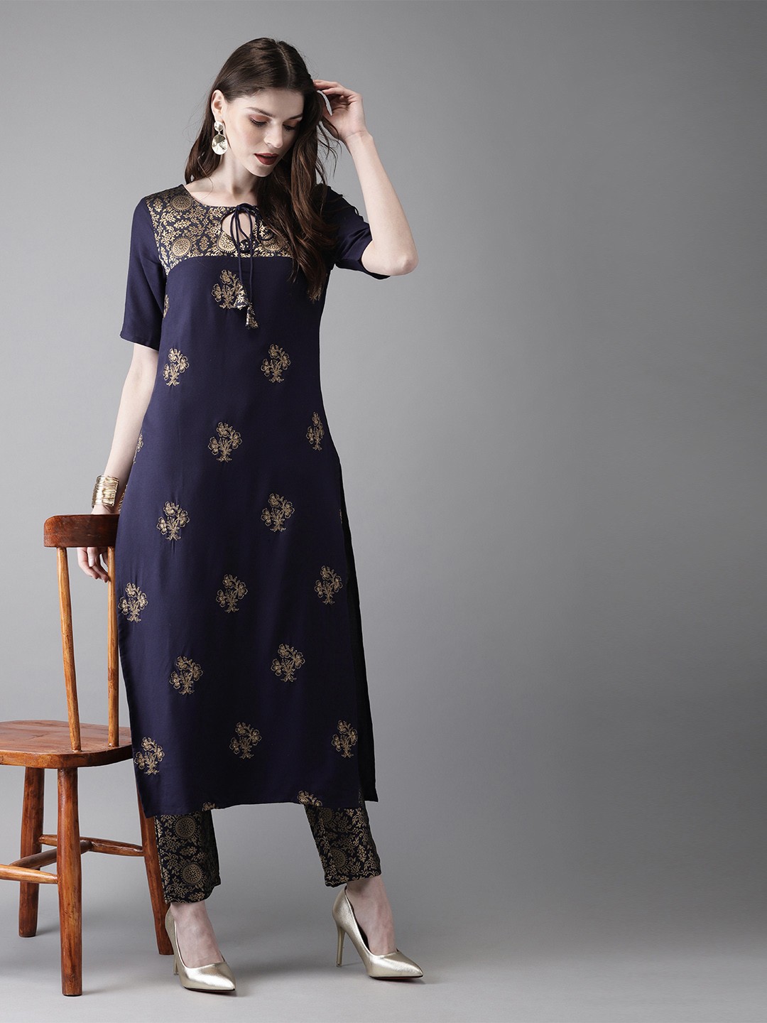

Anouk Women Blue & Gold-Toned Embroidered Kurta with Trousers