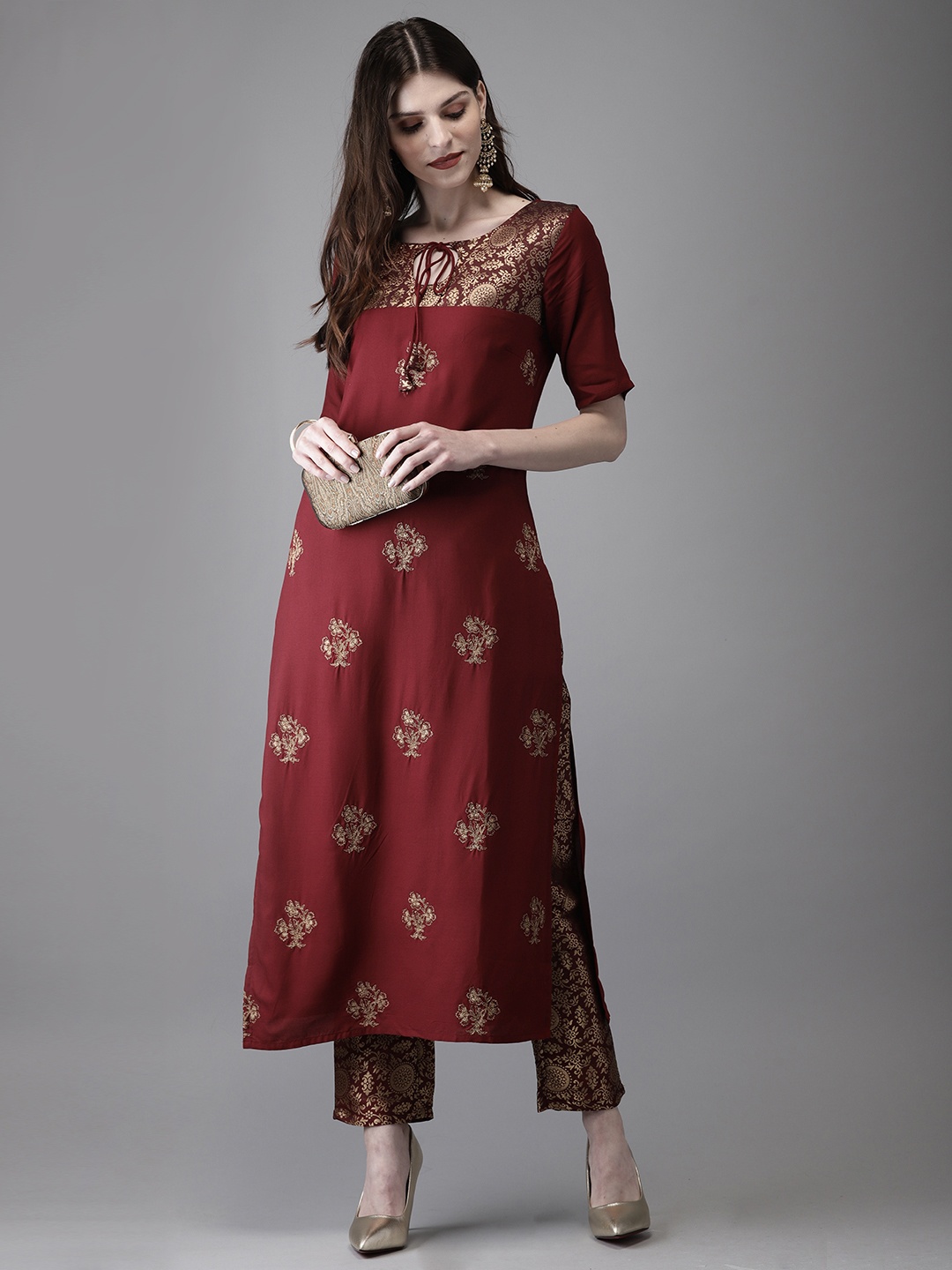 

Anouk Women Maroon & Gold-Toned Embroidered Kurta with Trousers