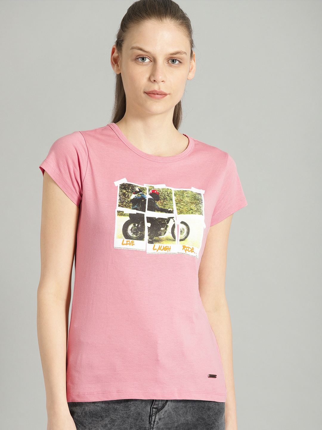 

The Roadster Lifestyle Co Women Pink Printed Round Neck Pure Cotton T-shirt