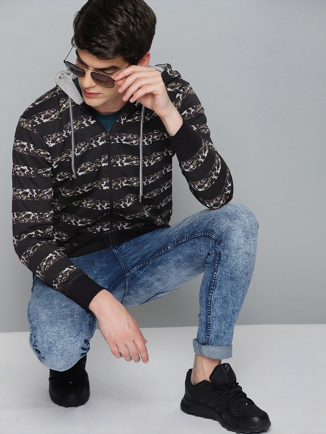 

HERE&NOW Men Black & Grey Striped Hooded Sweatshirt