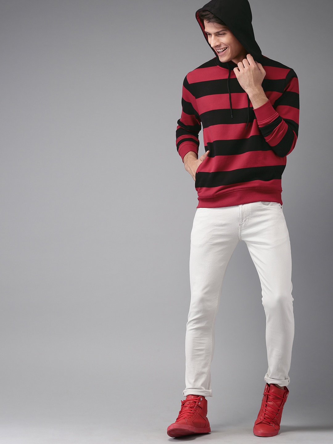 

HERE&NOW Men Maroon & Black Striped Hooded Sweatshirt