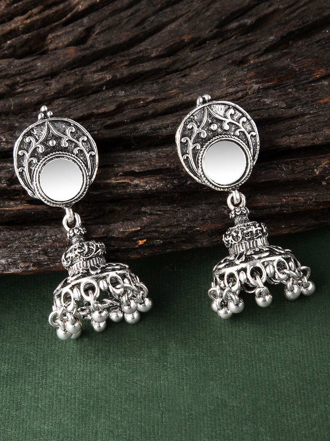 

Rubans Silver-Toned Dome Shaped Handcrafted Jhumkas