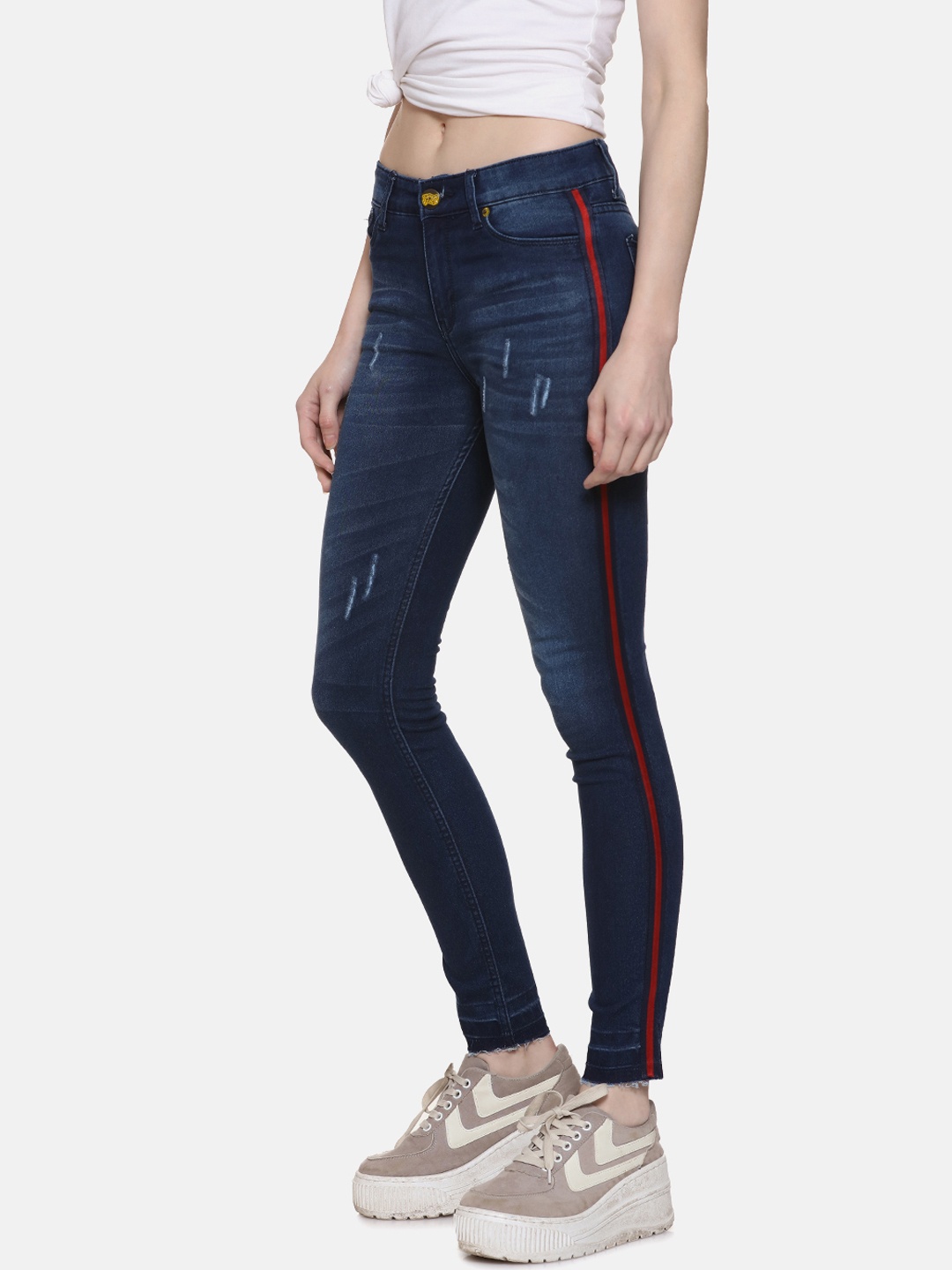 

Campus Sutra Women Navy Blue Super Skinny Fit High-Rise Low Distress Jeans