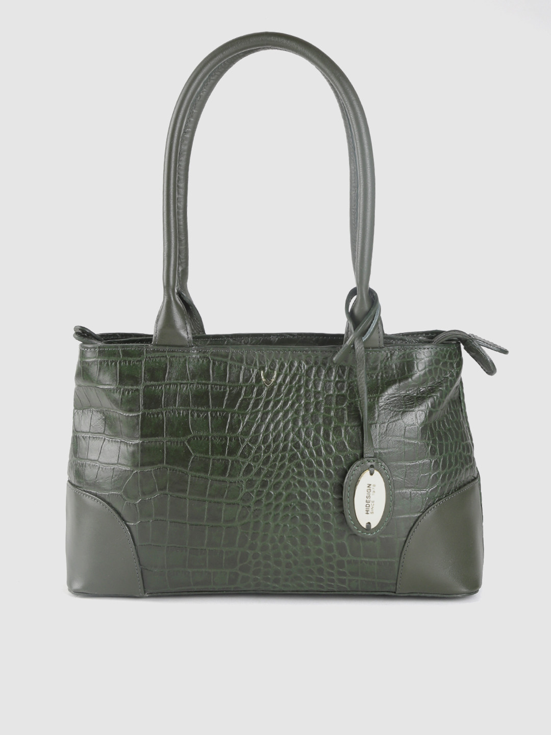 

Hidesign Olive Green Croc Textured Leather Shoulder Bag