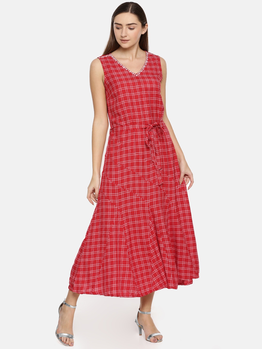 

Global Desi Women Red & White Checked Fit and Flare Dress