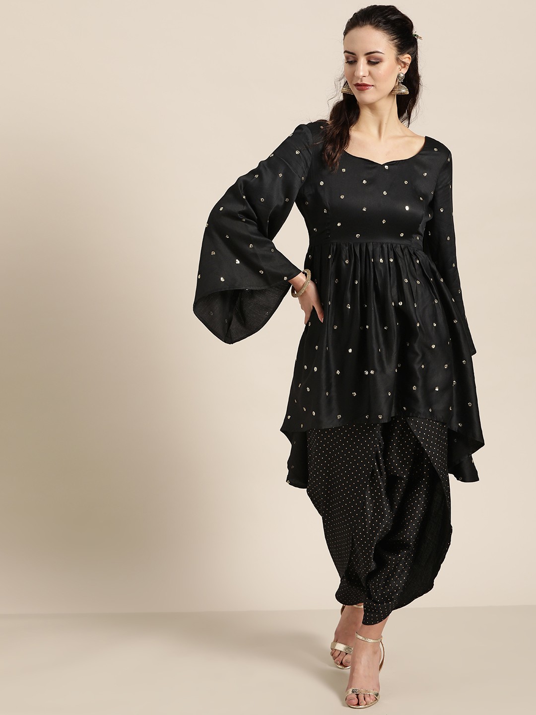 

Moda Rapido Women Black & Golden Sequinned Kurta with Dhoti Pants