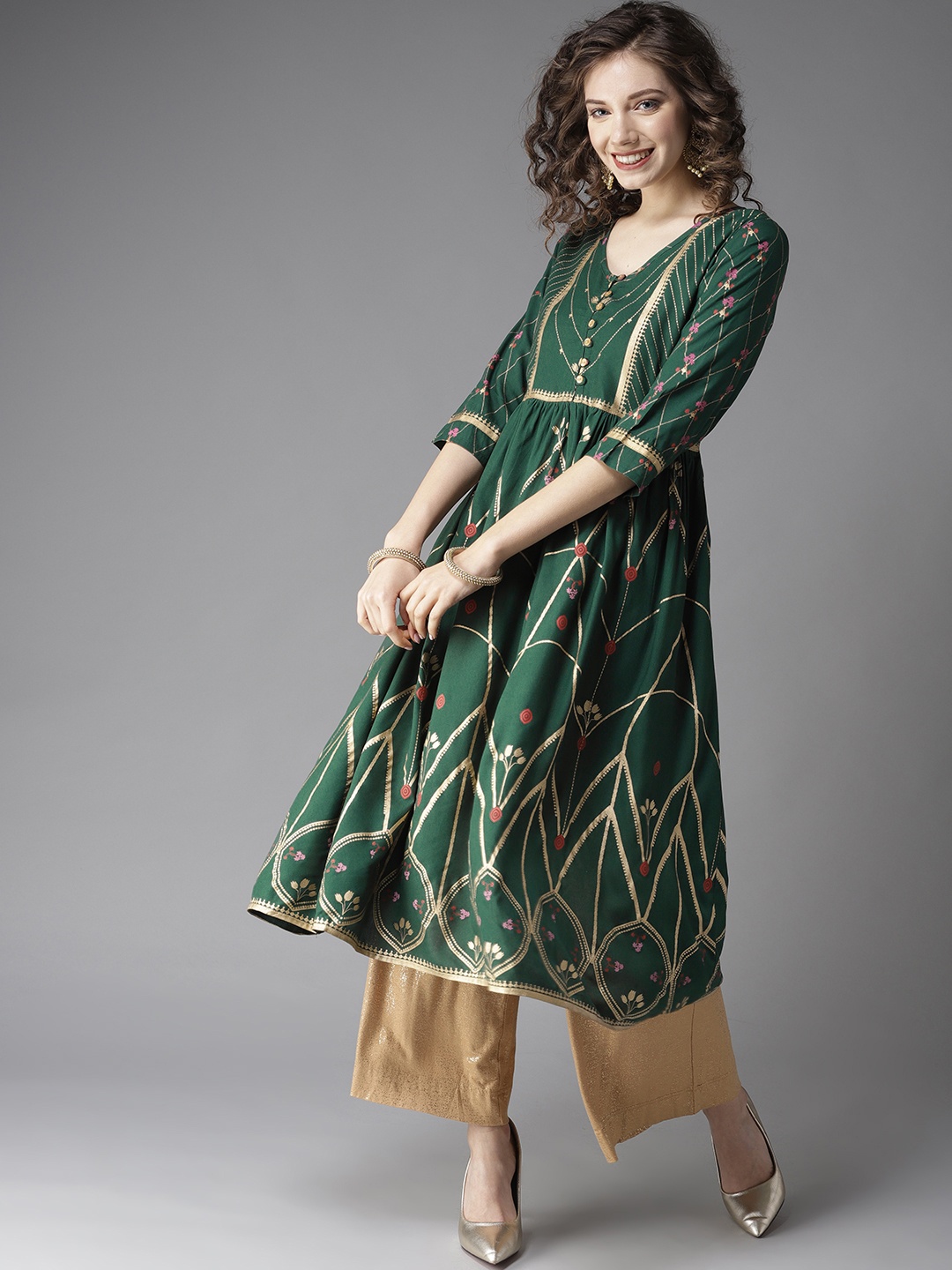 

HERE&NOW Women Green & Golden Printed A-Line Kurta