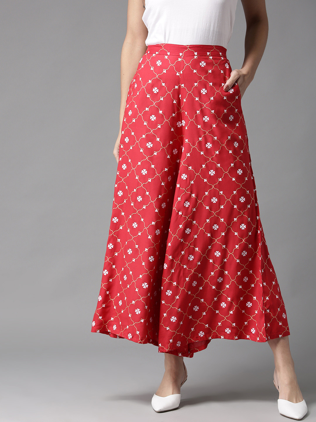 

HERE&NOW Women Red & White Printed Wide Leg Palazzos