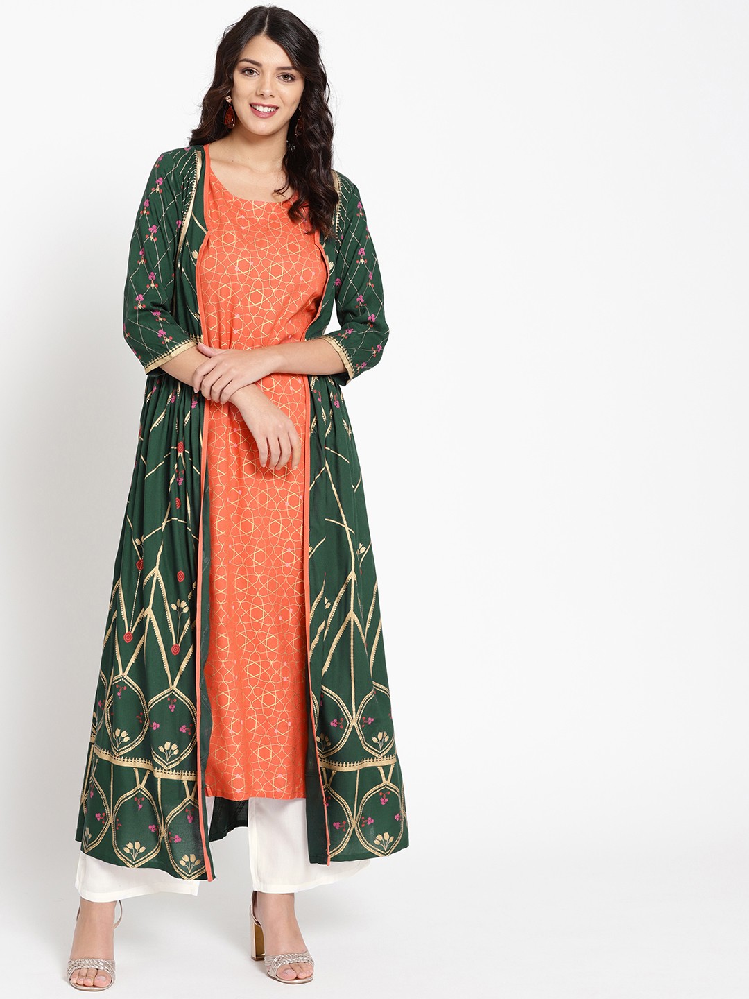 

HERE&NOW Women Green & Orange Printed Kurta with Palazzos & Ethnic Jacket