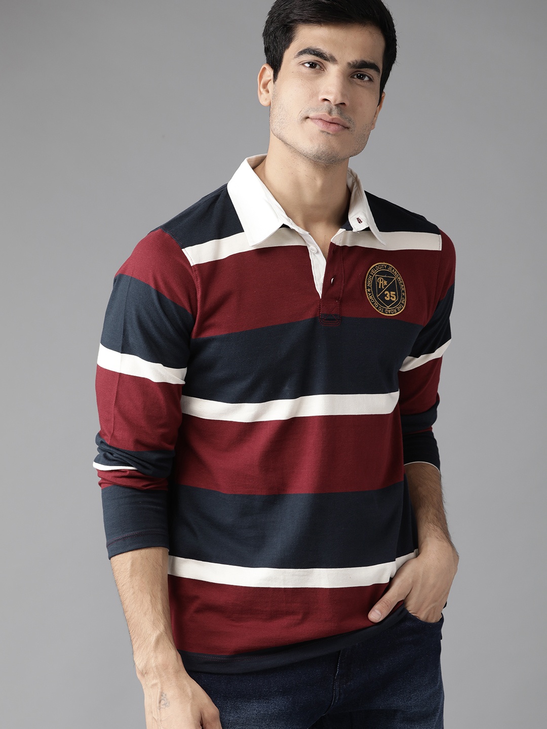 

Roadster Men Maroon Navy Blue Striped Polo Collar Pure Cotton T-shirt