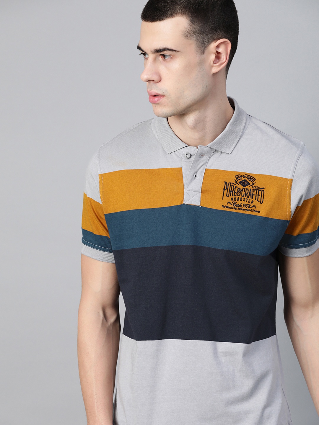 

Roadster Men Grey Blue Colourblocked Polo Collar Pure Cotton T-shirt