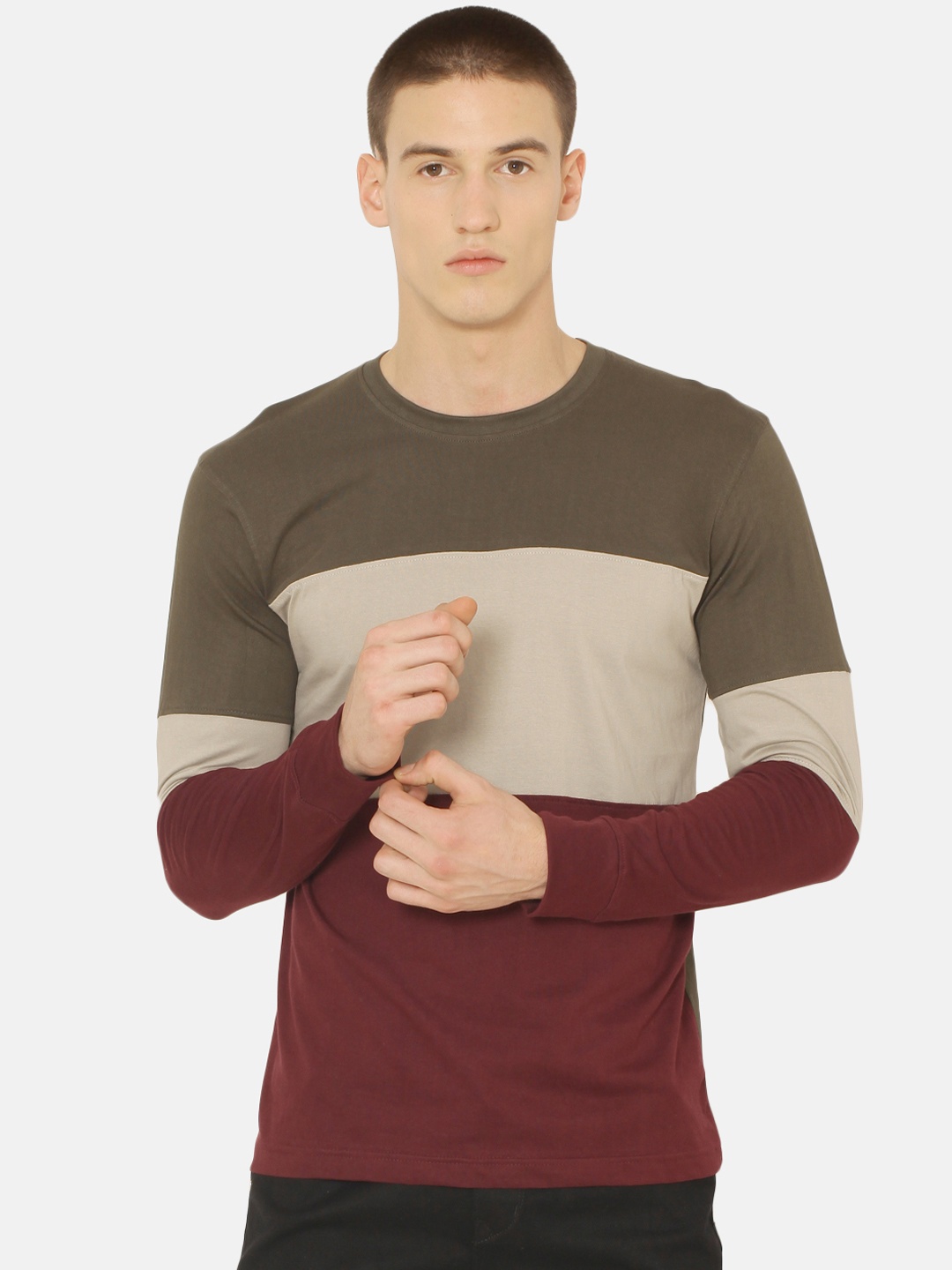 

ARISE Men Olive Green Grey Colourblocked Round Neck Pure Cotton T-shirt