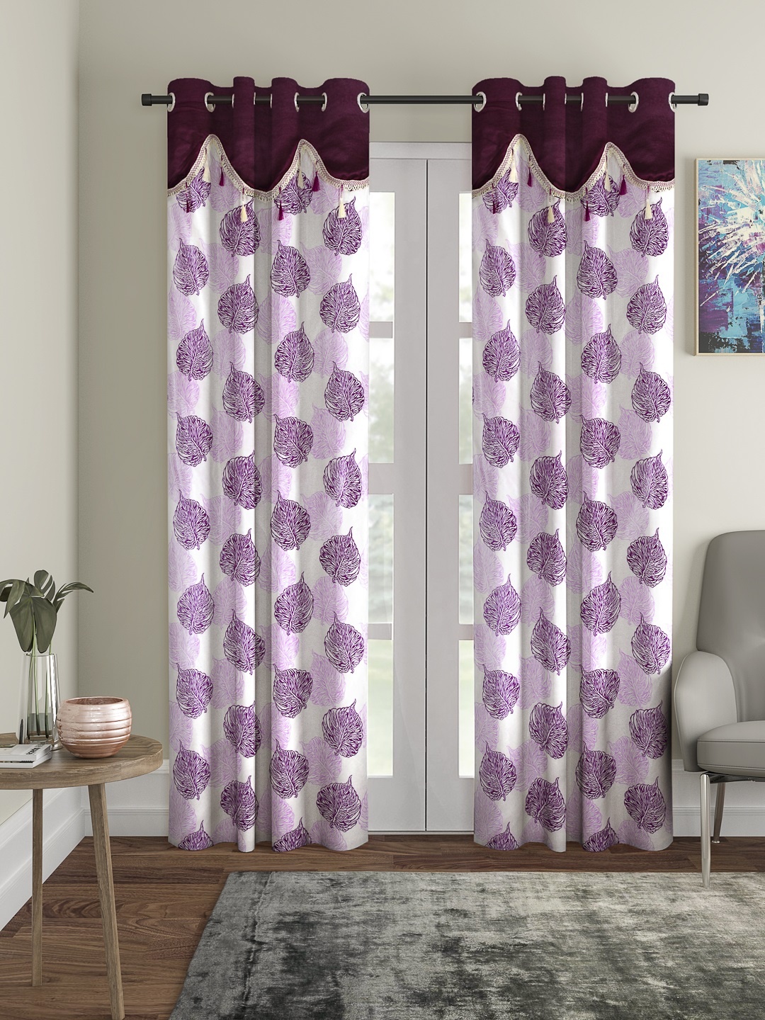 Cortina Purple & White Set of 2 Fancy Valance Leaf Printed Long Door Curtains