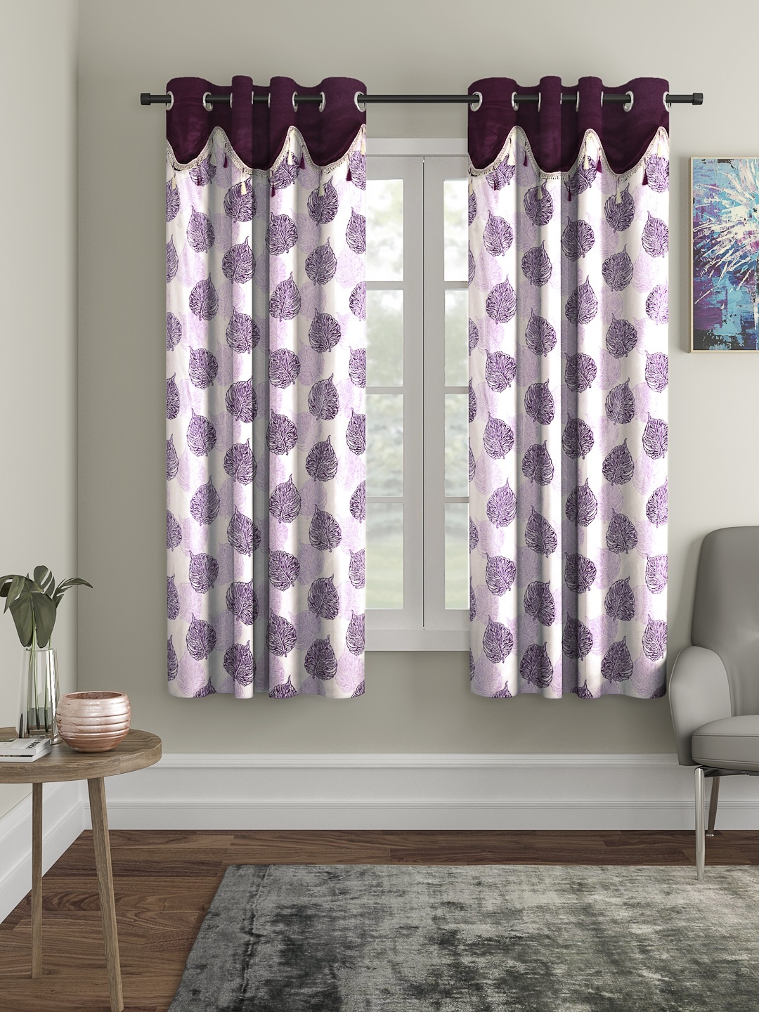 Cortina Purple & White Set of 2 Fancy Valance Leaf Printed Window Curtains