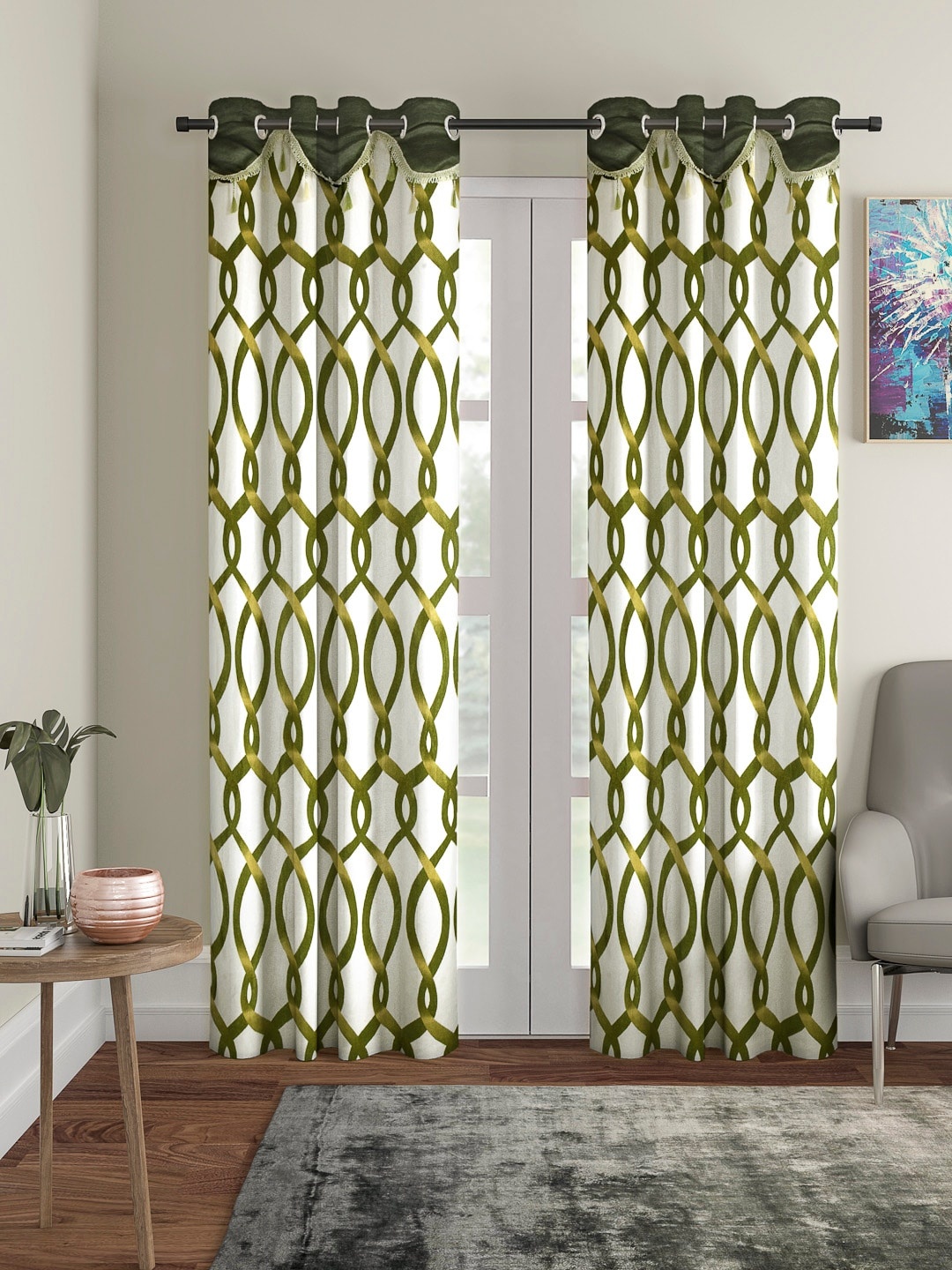 

Cortina Olive green & White Set of 2 Fancy Valance Abstract Printed Long Door Curtains