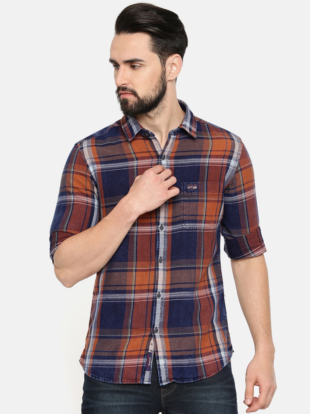 

U.S. Polo Assn. Denim Co. Men Orange & Navy Blue Slim Fit Checked Casual Shirt