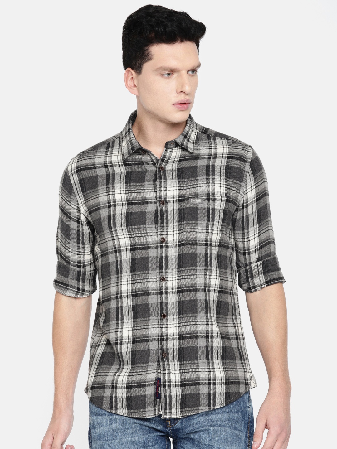 

U.S. Polo Assn. Denim Co. Men Grey & White Slim Fit Checked Casual Shirt