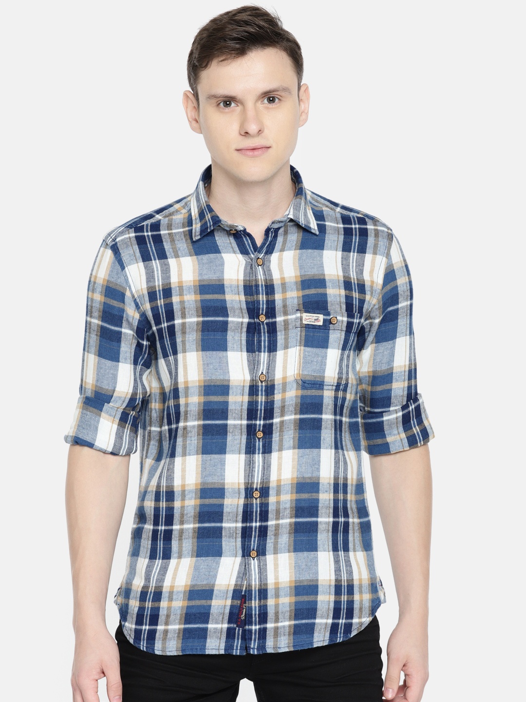 

U.S. Polo Assn. Denim Co. Men Navy Blue & White Slim Fit Checked Casual Shirt