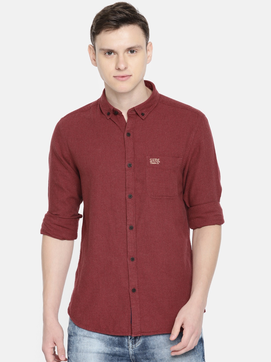 

U.S. Polo Assn. Denim Co. Men Maroon Slim Fit Self Design Casual Shirt