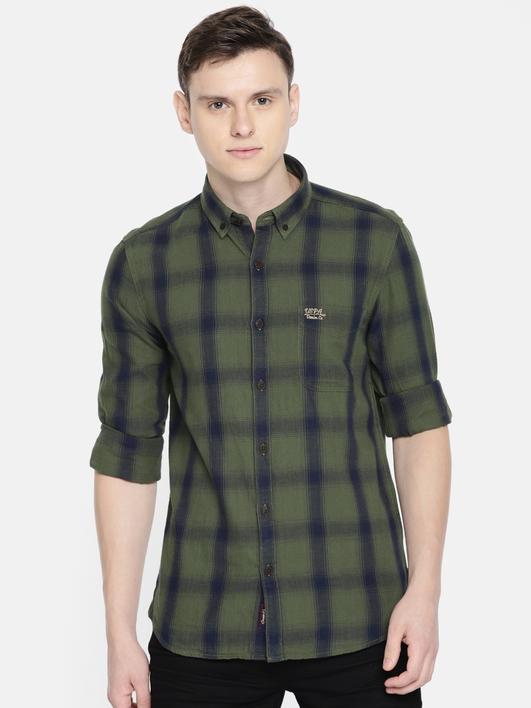 

U.S. Polo Assn. Denim Co. Men Olive Green & Navy Blue Slim Fit Checked Casual Shirt