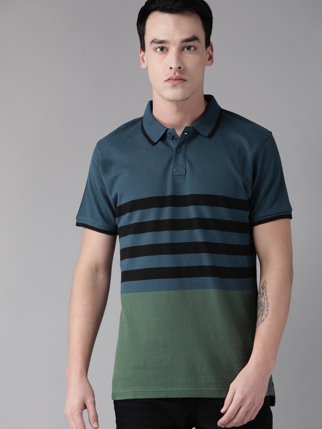 

The Roadster Lifestyle Co Men Teal Blue Black Striped Polo Collar Pure Cotton T-shirt