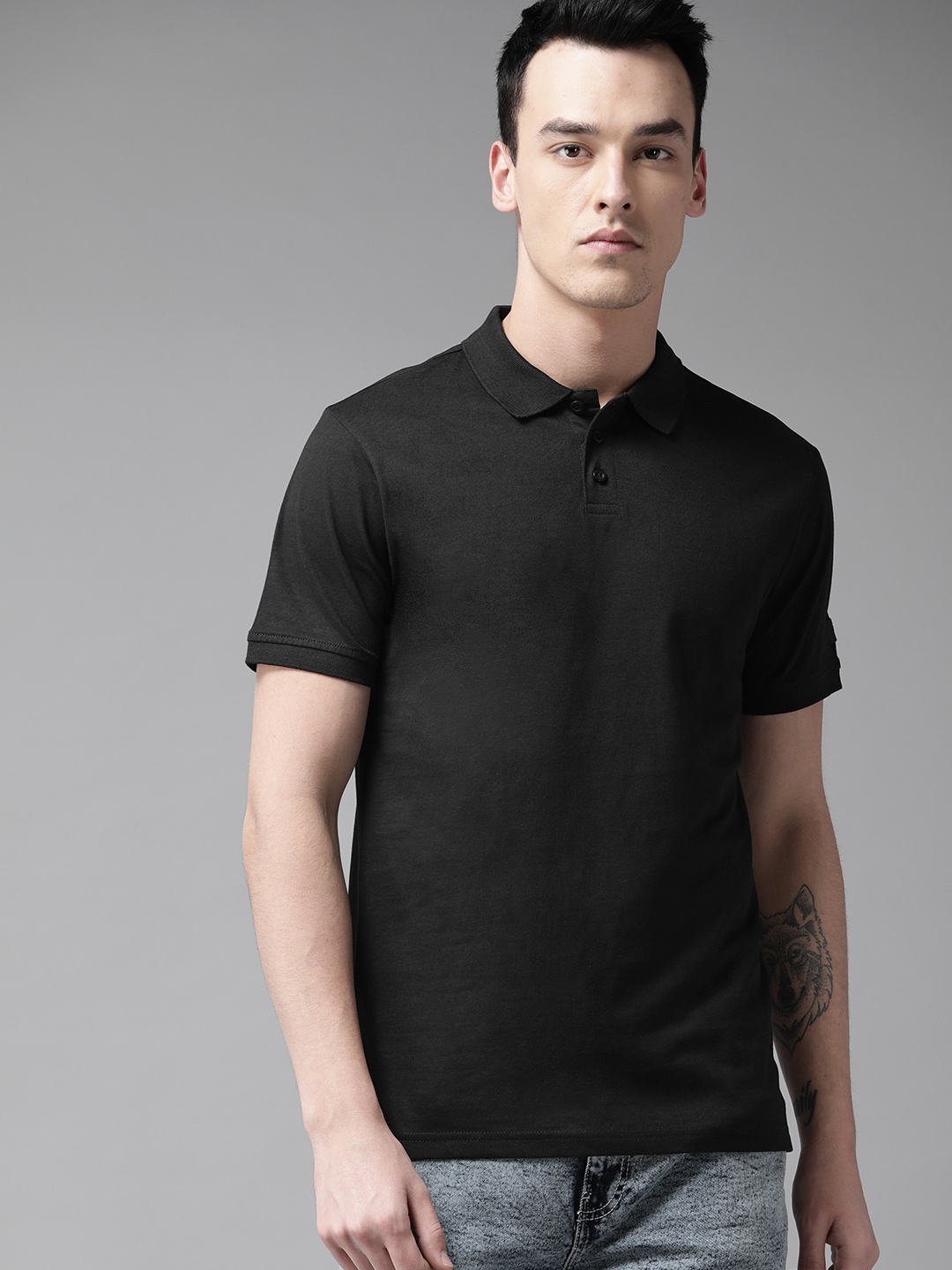 

The Roadster Lifestyle Co Men Black Solid Polo Collar Pure Cotton T-shirt