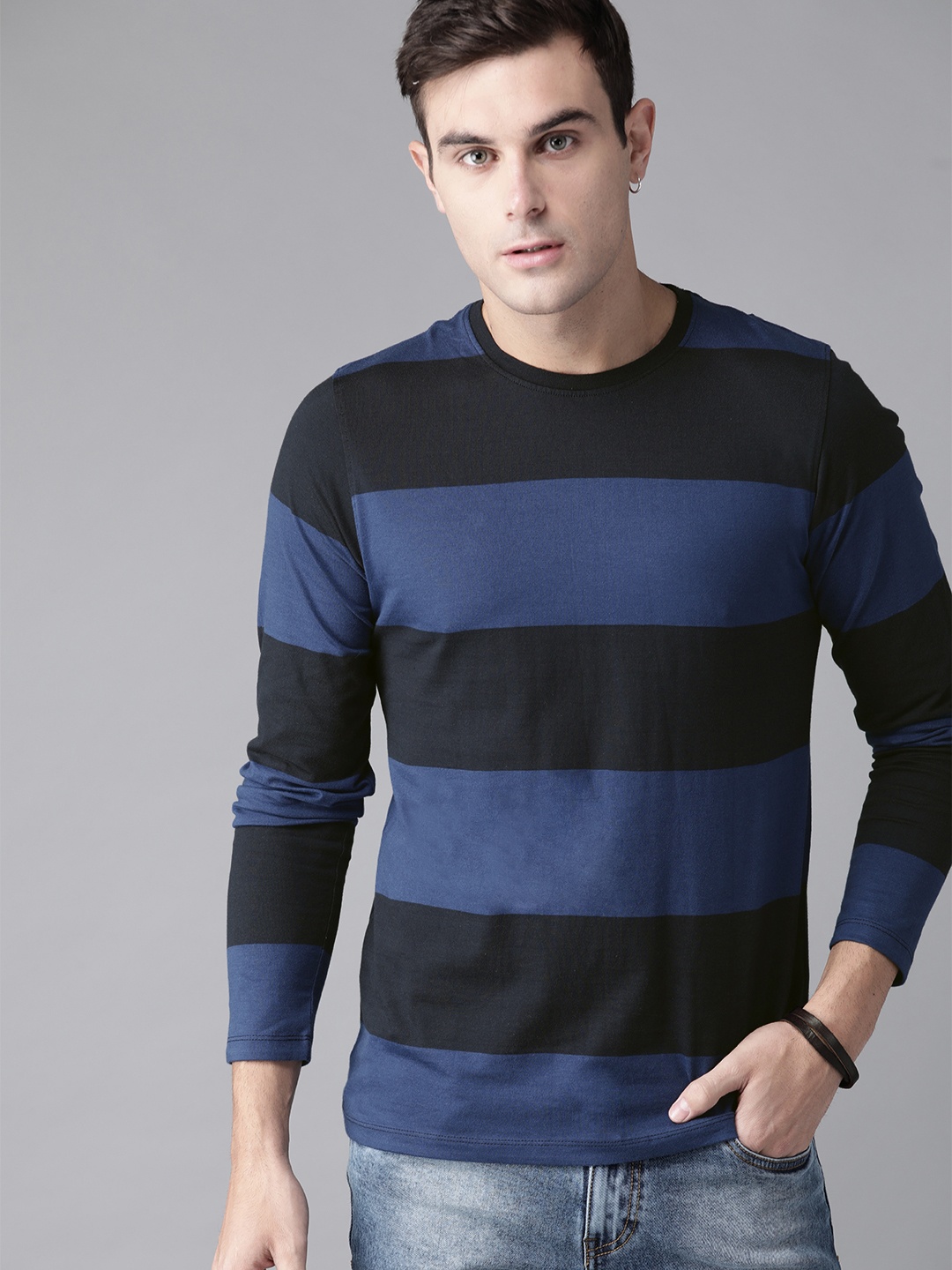 

The Roadster Lifestyle Co Men Blue & Black Striped Round Neck T-shirt