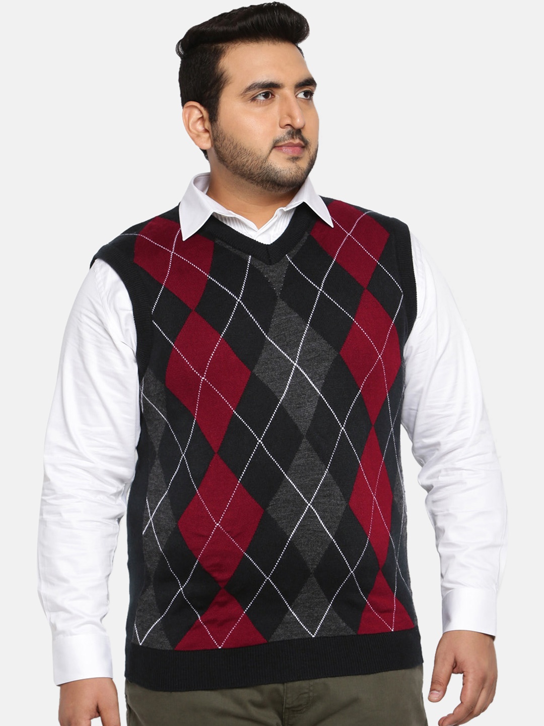 

aLL Plus Size Men Red Navy Blue Self-Design Sweater Vest