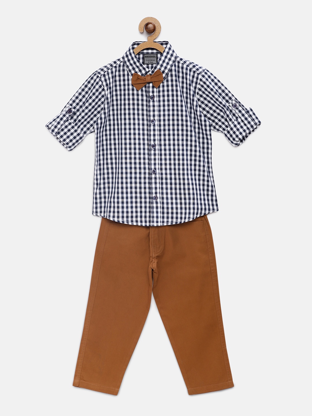 

RIKIDOOS Boys Navy Blue & Brown Checked Shirt with Trousers