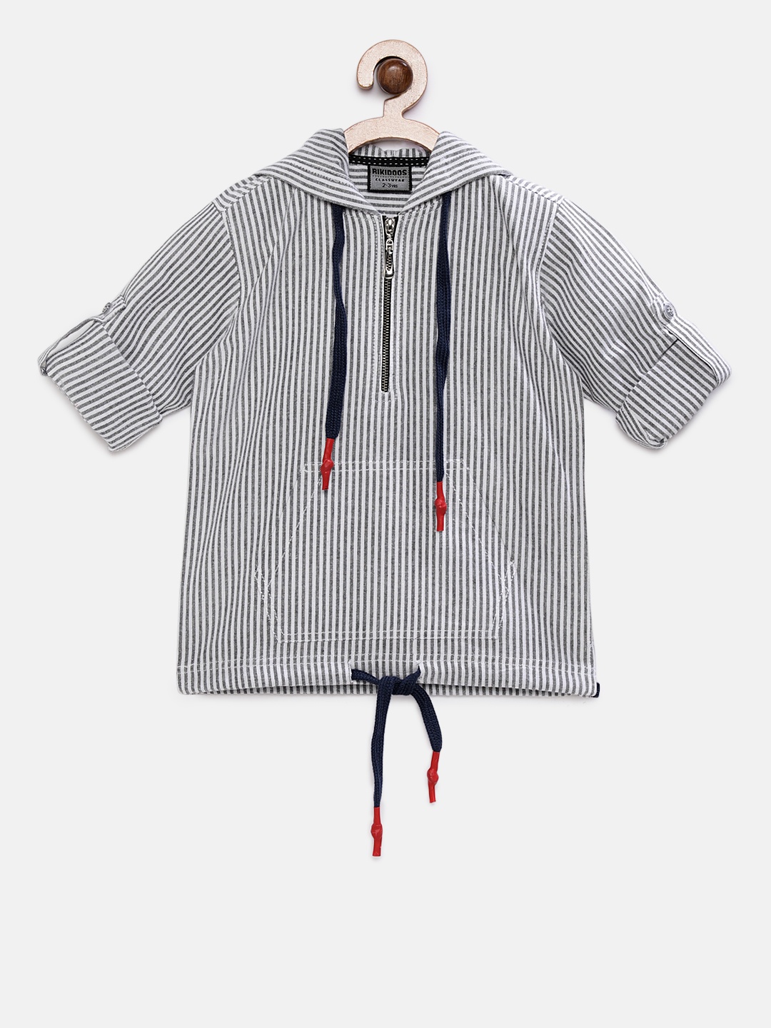 

RIKIDOOS Boys Grey & White Striped Hood T-shirt