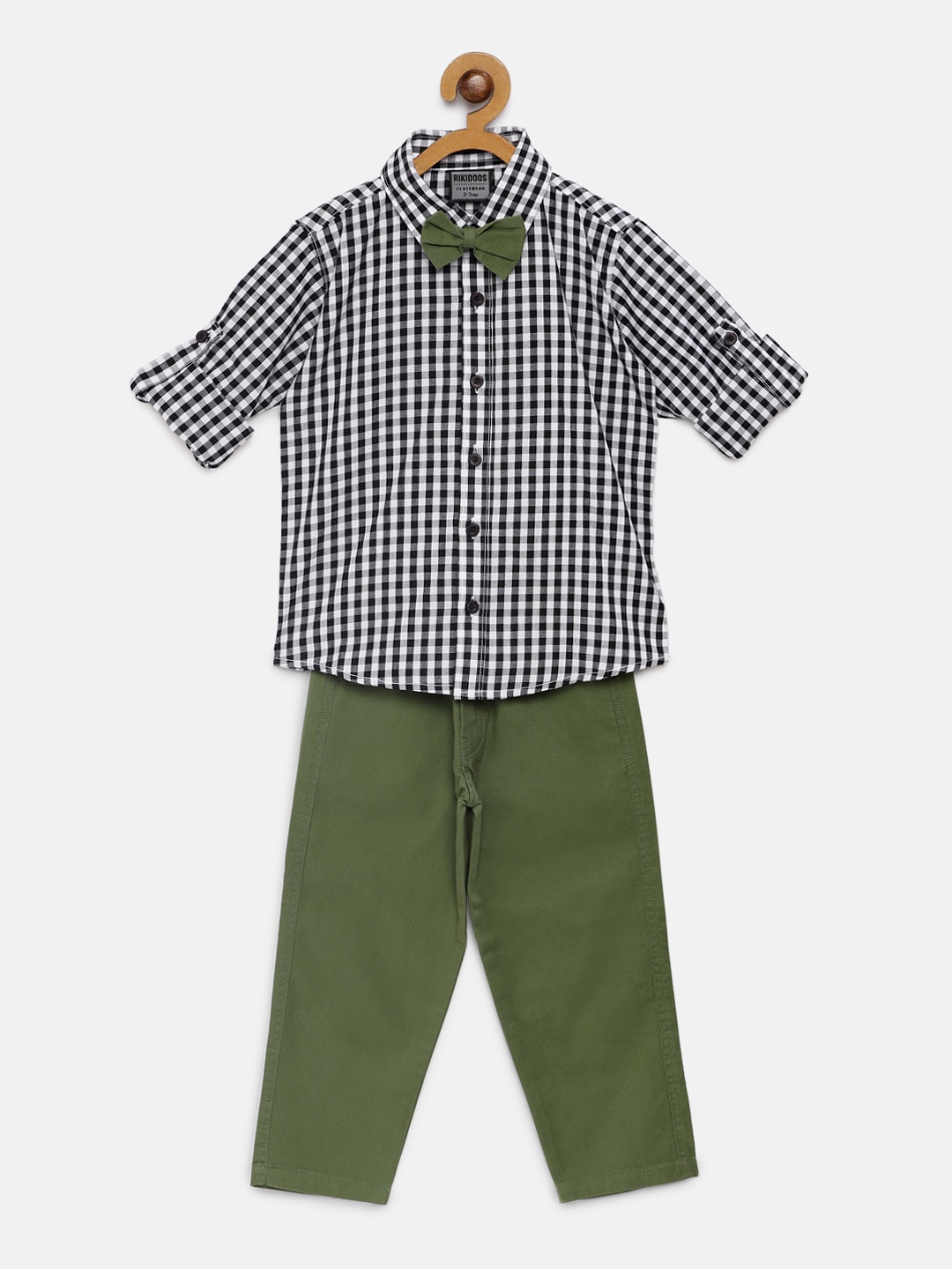 

RIKIDOOS Boys Black & Olive Green Checked Shirt with Trousers