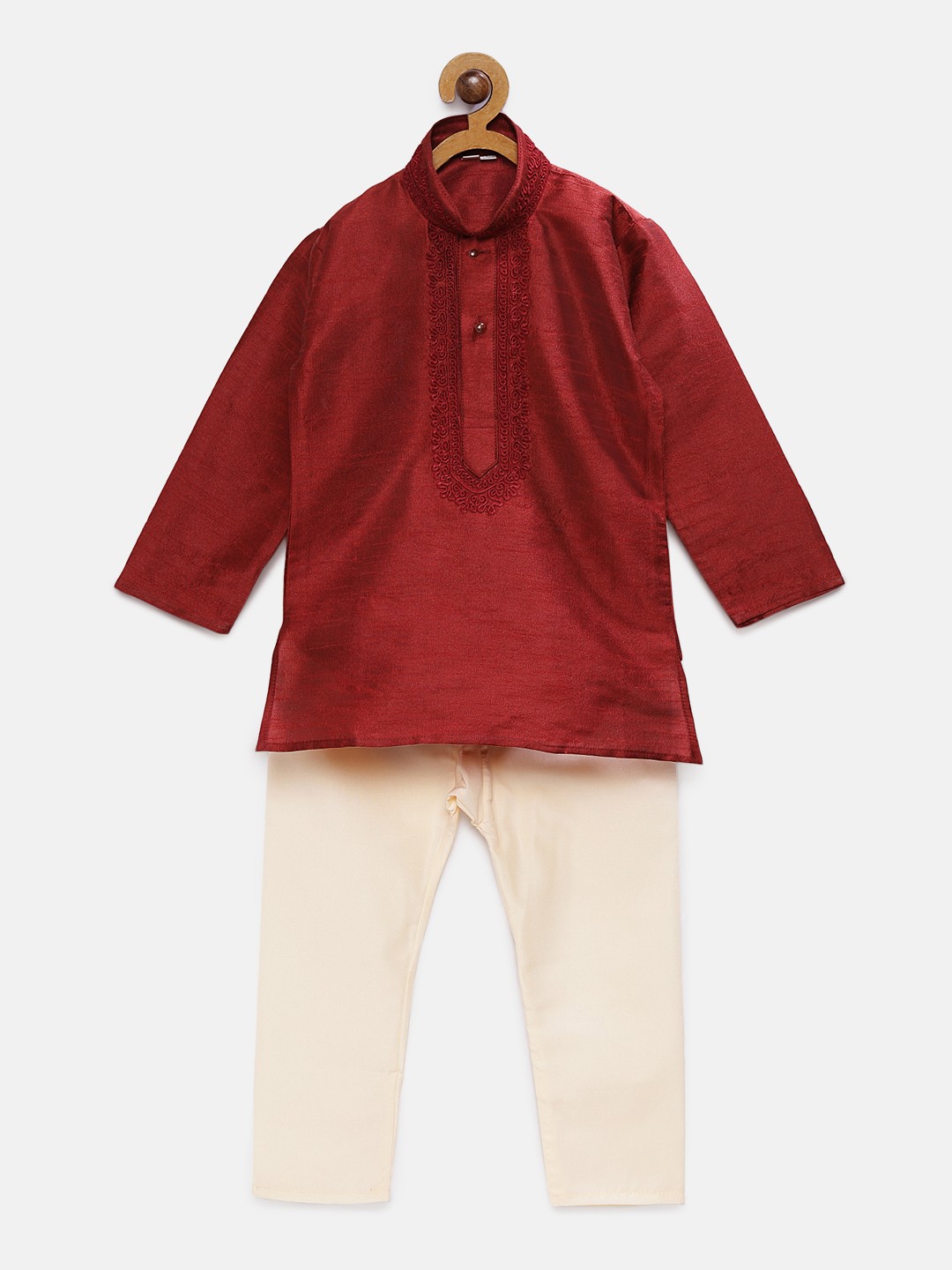 

RIKIDOOS Boys Maroon & Off-White Solid Kurta with Pyjamas