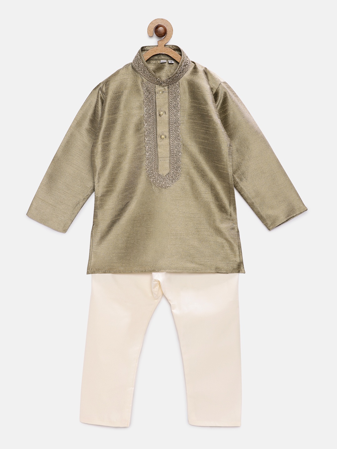 

RIKIDOOS Boys Muted Gold-Coloured & Cream-Coloured Solid Kurta with Pyjamas