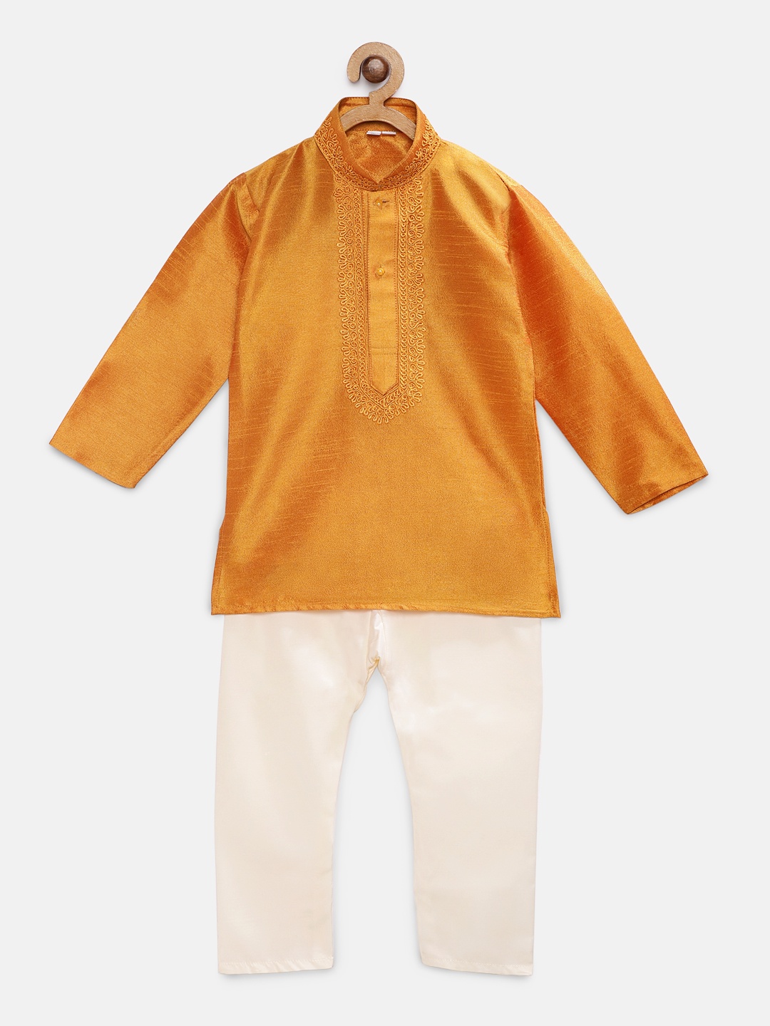 

RIKIDOOS Boys Mustard Yellow & Cream-Coloured Solid Kurta with Pyjamas