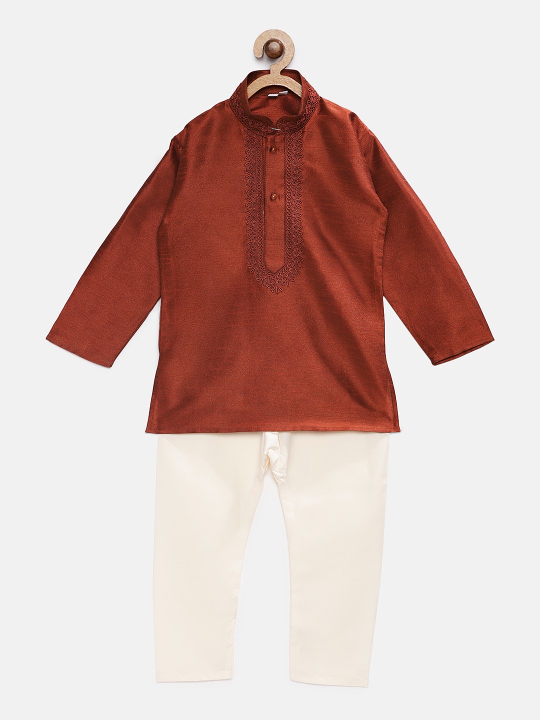 

RIKIDOOS Boys Rust Orange & Cream-Coloured Solid Kurta with Pyjamas