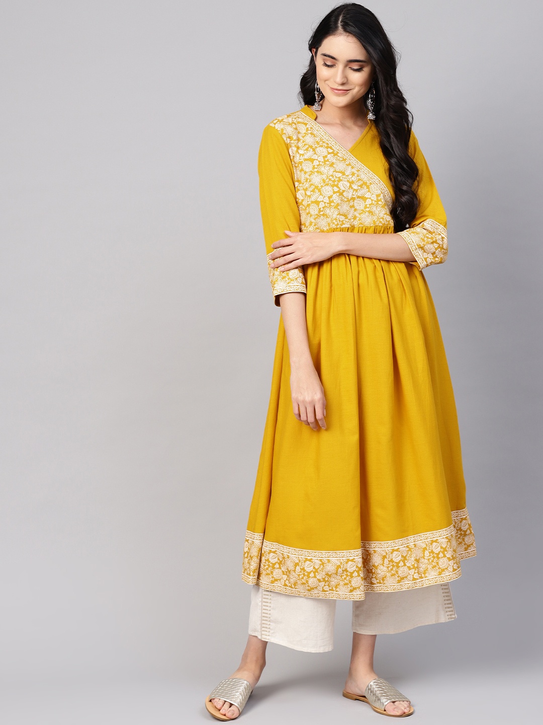 

Varanga Women Mustard & Off-White Yoke Design Angrakha A-Line Kurta